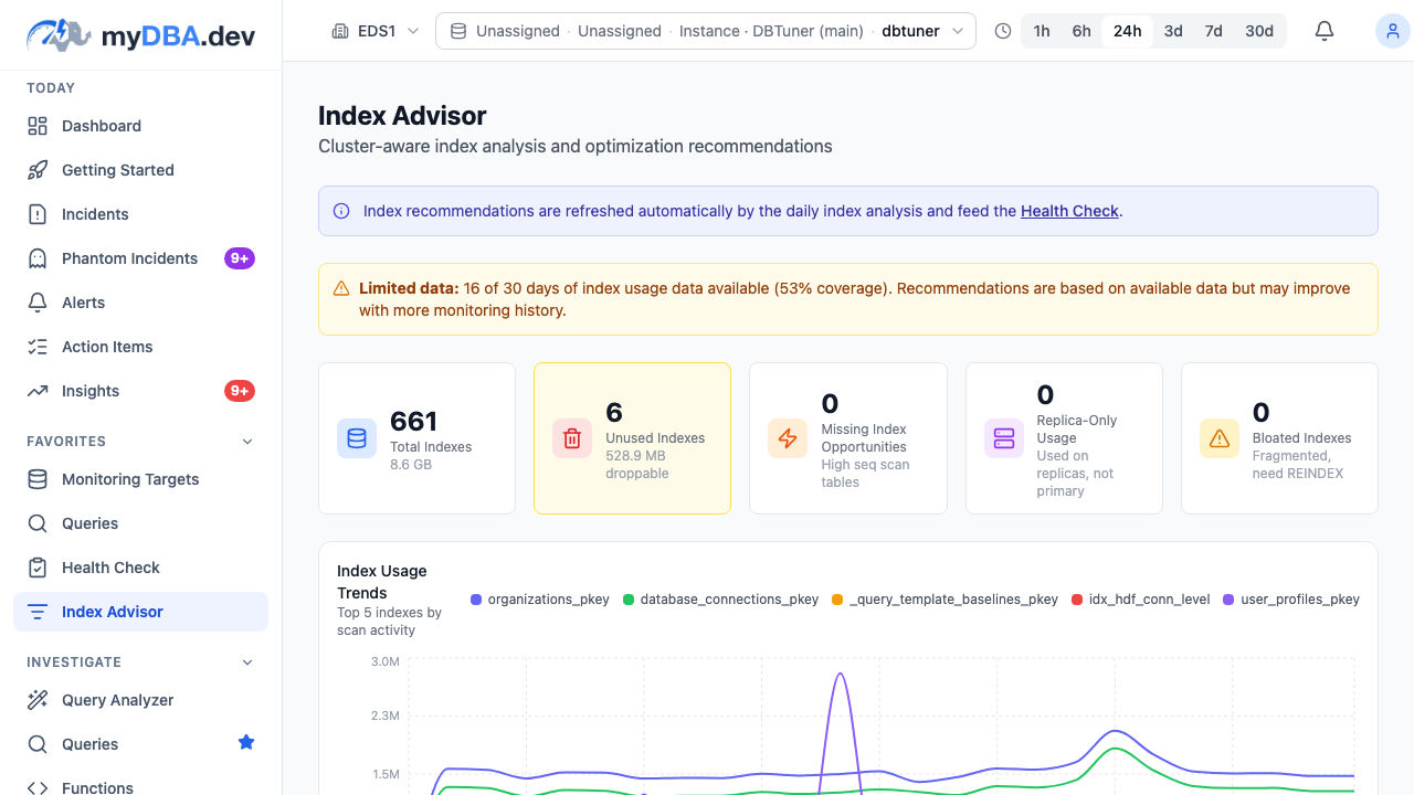 Index advisor showing unused indexes, missing index recommendations, and duplicate detection
