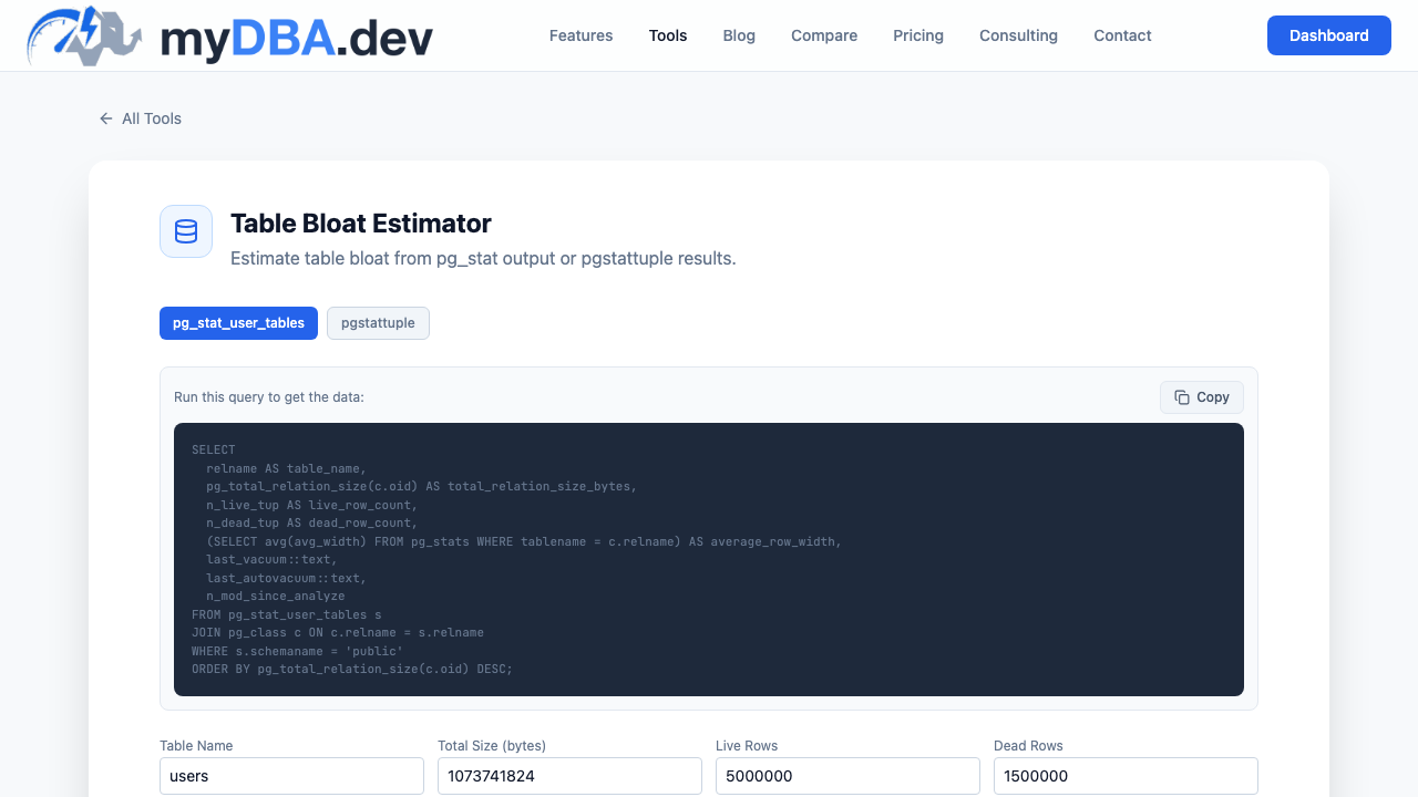 Table Bloat Estimator screenshot